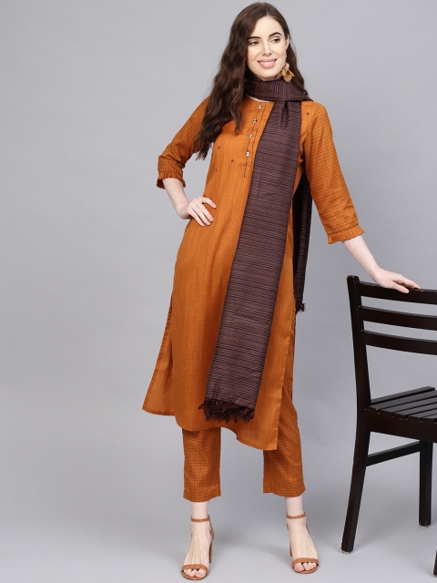 Jaipur Kurti Women Mustard Yellow & Brown Solid Handloom Kurta with Trousers & Dupatta
Jaipur Kurti Women Mustard Yellow & Brown Solid Handloom Kurta with Trousers & Dupatta