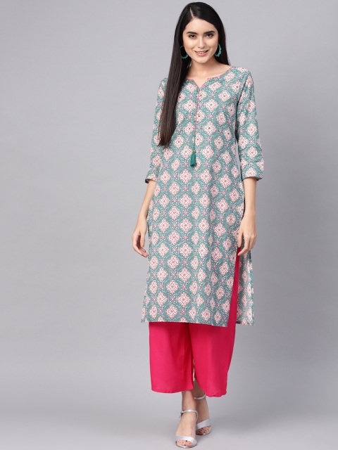 Varanga Women Blue & White Printed Straight Kurta