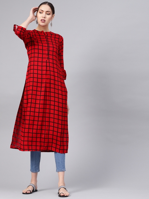 GERUA Women Red & Black Checked Straight Kurta