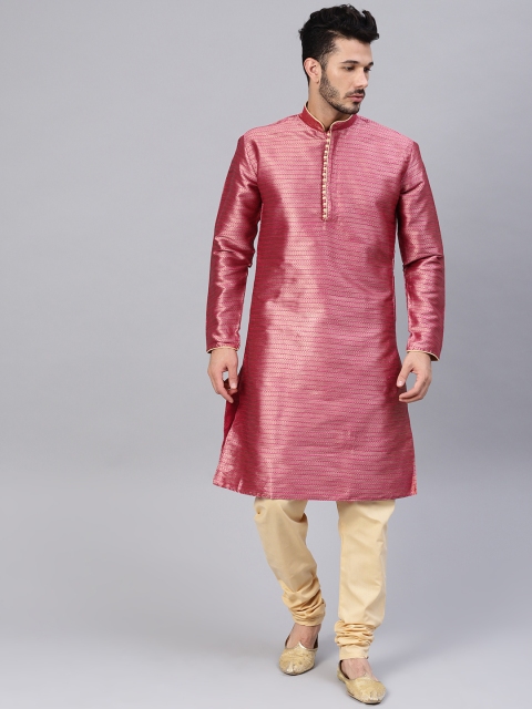 SOJANYA Men Pink & Beige Woven Design Kurta with Churidar