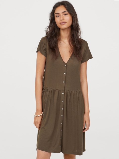 H&M Women Green Solid V-neck Dress