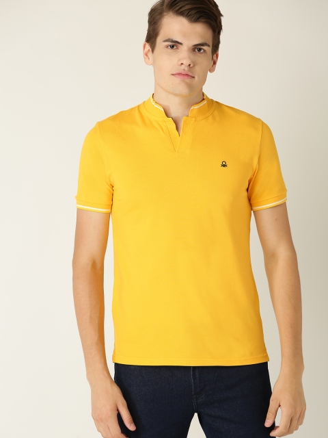 United Colors of Benetton Men Yellow Solid Stand Collar T-shirt