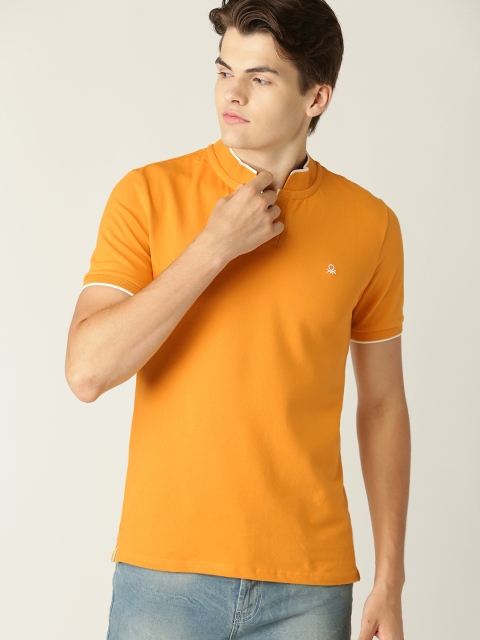 United Colors of Benetton Men Mustard Yellow Solid Stand Collar T-shirt
