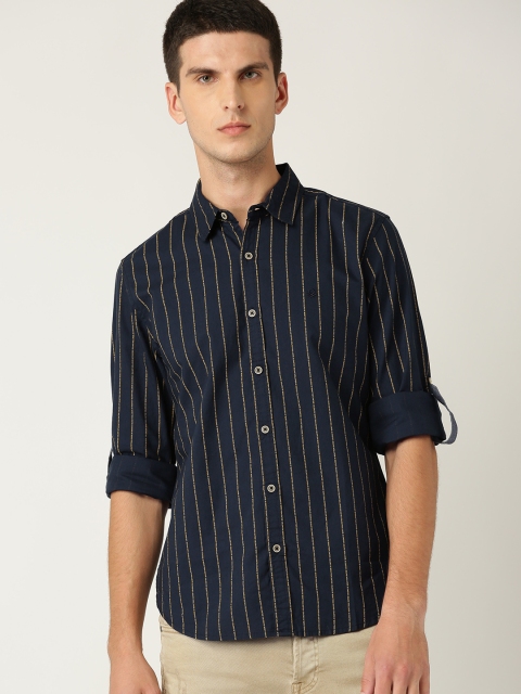 United Colors of Benetton Men Navy Blue & Yellow Slim Fit Striped Casual Shirt