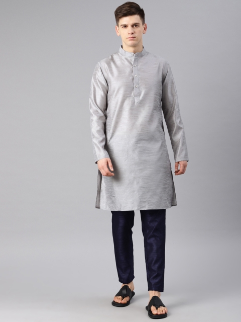 Freehand Men Grey & Navy Blue Solid Kurta with Trousers