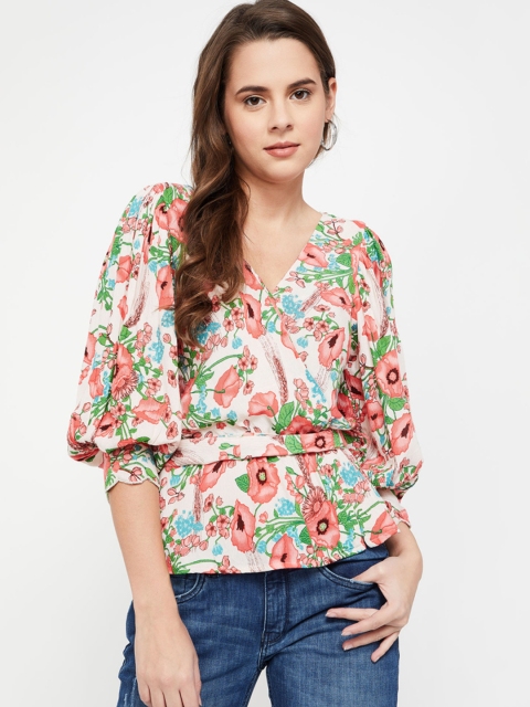 Ginger by Lifestyle Women White Printed Wrap Top