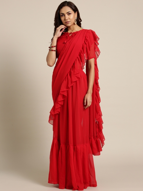 MANOHARI Red Solid Pure Georgette Ruffled Saree