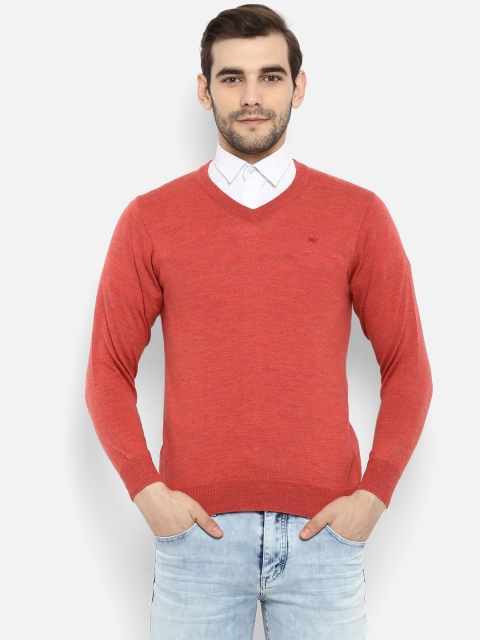 Monte Carlo Men Coral Red Woollen Solid Sweater