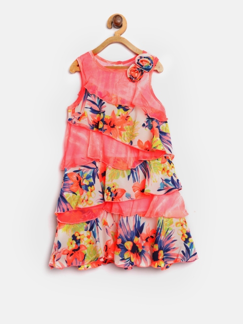 Nauti Nati Girls Coral Orange & White Layered Floral Print A-Line Dress