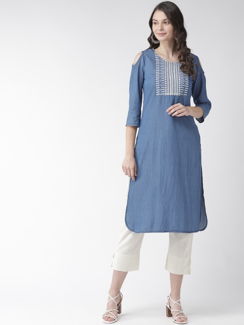 RANGMAYEE Women Blue & White Yoke Design Chambray Cold-Shoulder Kurta with Trousers
RANGMAYEE Women Blue & White Yoke Design Chambray Cold-Shoulder Kurta with Trousers