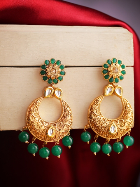Jewels Galaxy Green Antique Gold-Plated Stone-Studded Textured Crescent Shaped Chandbalis
Jewels Galaxy Green Antique Gold-Plated Stone-Studded Textured Crescent Shaped Chandbalis