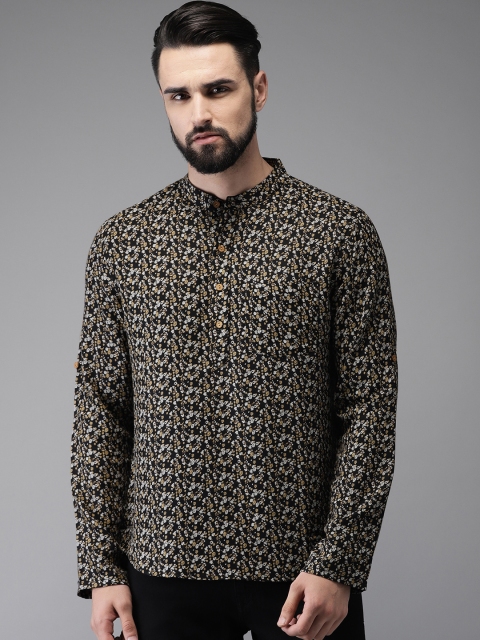 Anouk Men Black & White Printed Straight Kurta