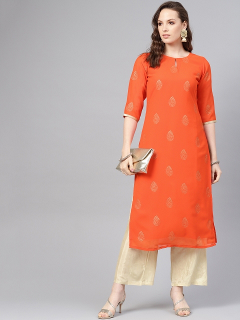 Libas Women Orange & Beige Printed Kurta with Palazzos