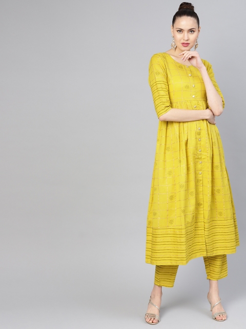 Libas Women Green & Golden Checked Kurta with Trousers
