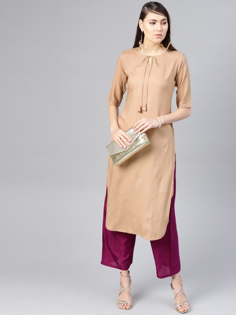 Libas Women Beige & Purple Printed Kurta with Palazzos