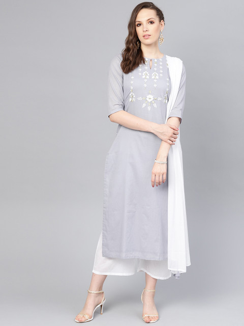 Libas Women Grey & White Yoke Design Kurta with Palazzos & Dupatta 
Libas Women Grey & White Yoke Design Kurta with Palazzos & Dupatta