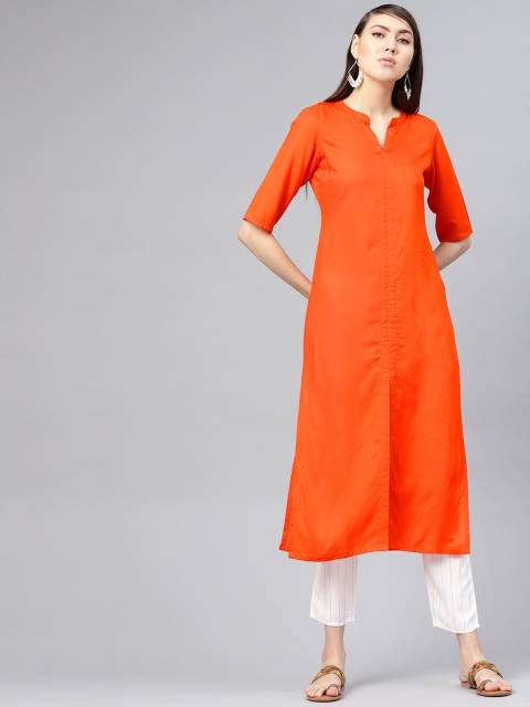 Libas Women Orange & Off-White Solid Kurta with Trousers