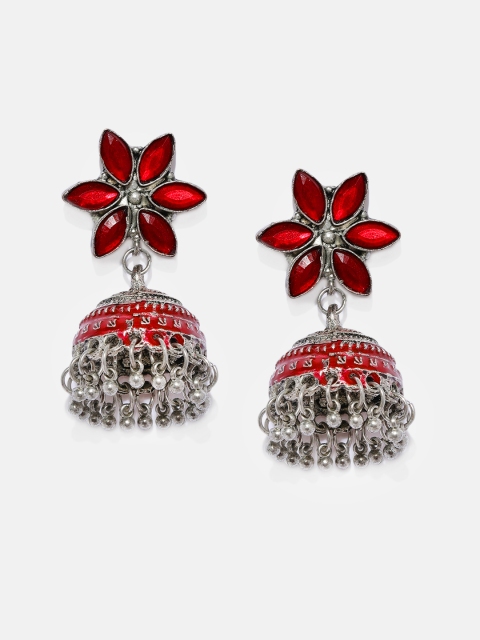 Anouk Red & Silver-Toned Dome Shaped Jhumkas