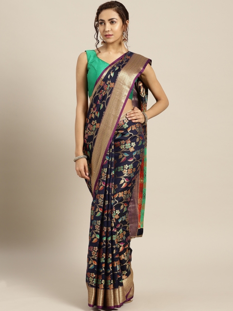 Aashvi Creation Navy Blue & Golden Woven Design Kanjeevaram Saree