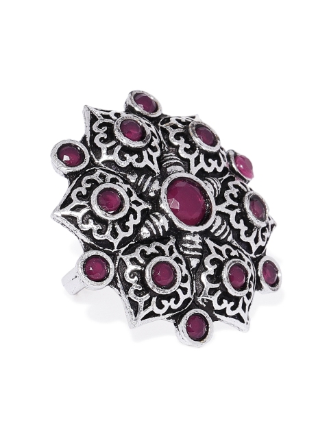 Peora Women Oxidised Silver-Toned and Red Vinatge Design Finger Ring