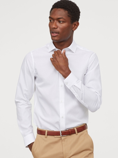 H&M Men White Solid Premium Cotton Poplin Shirt