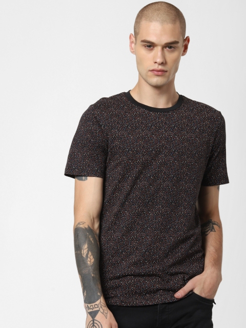 Jack & Jones Men Black & Maroon Slim Fit Printed Round Neck T-shirt