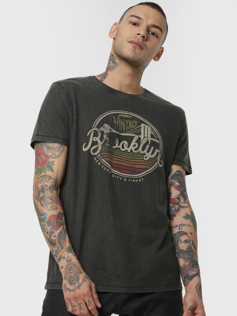 Jack & Jones Men Charcoal Grey Printed Round Neck T-shirt