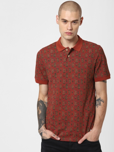 Jack & Jones Men Maroon Printed Polo Collar T-shirt