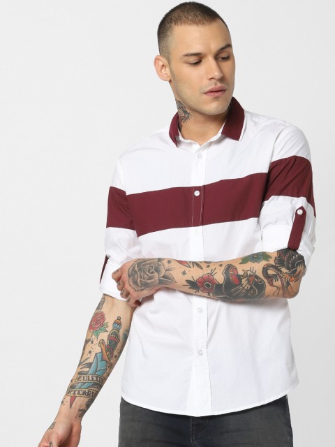 Jack & Jones Men White & Maroon CORE Slim Fit Colourblocked Casual Shirt