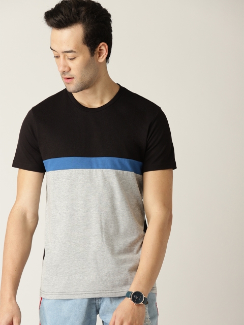 United Colors of Benetton Men Black & Grey Melange Colourblocked Round Neck T-shirt
