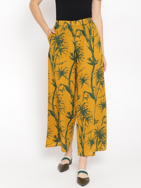 Shakumbhari Women Mustard Yellow & Green Screen Print Wide Leg Palazzos