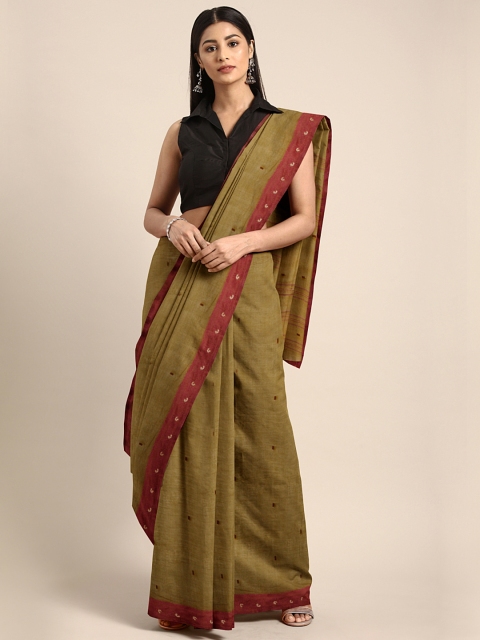 Mitera Olive Green Handloom Woven Design Taant Saree