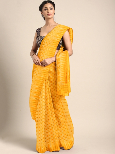 Mitera Yellow & Golden Hand-Woven Design Jamdani Saree