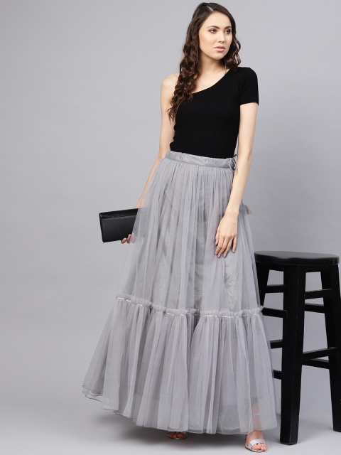 Inddus Women Grey Net Solid Maxi Flared Skirt