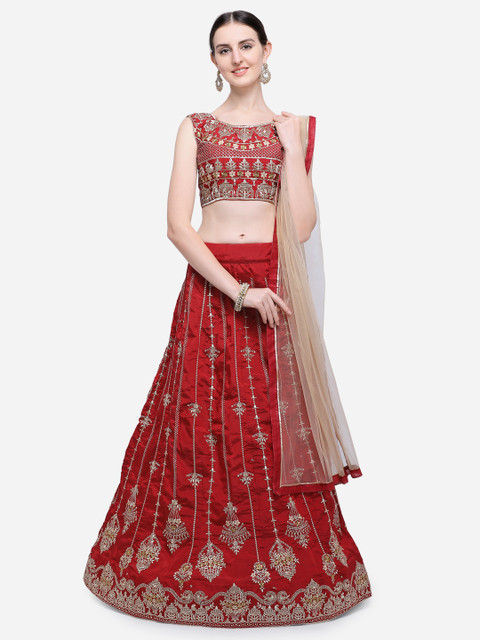 Aasvaa Maroon & Gold-Toned Embroidered Semi-Stitched Lehenga & Unstitched Blouse with Dupatta 
Aasvaa Maroon & Gold-Toned Embroidered Semi-Stitched Lehenga & Unstitched Blouse with Dupatta