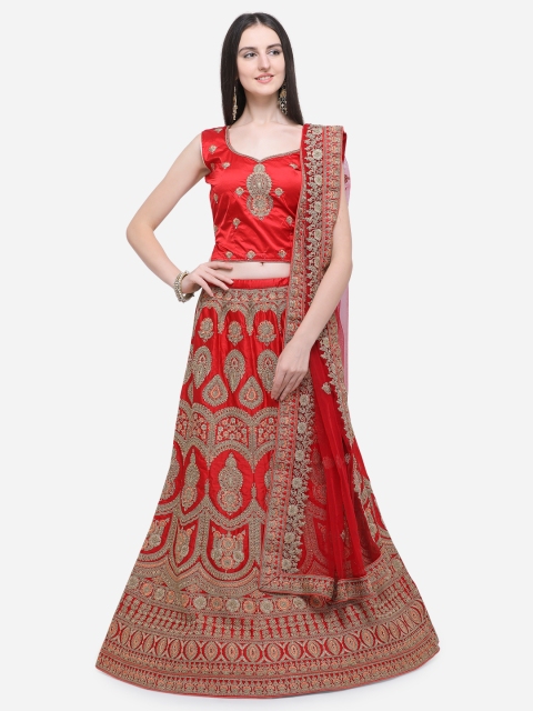 Aasvaa Red & Gold-Toned Embroidered Semi-Stitched Lehenga & Unstitched Blouse with Dupatta