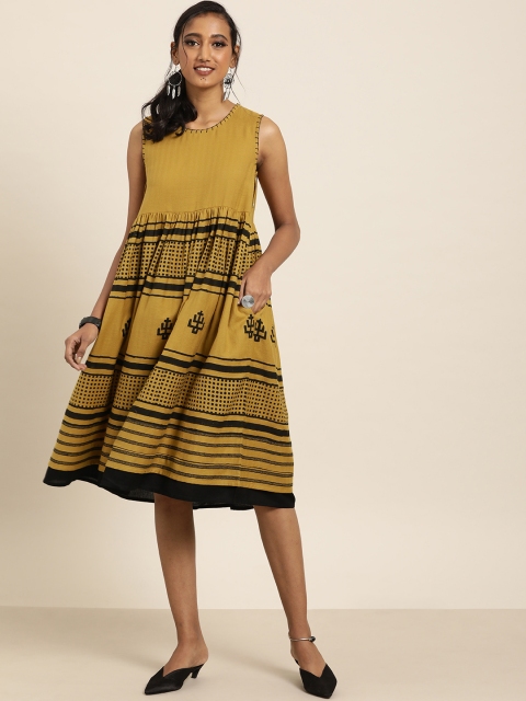 Taavi Women Mustard Yellow & Black Bagru Hand Block Print A-Line Sustainable Dress with Gathers
Taavi Women Mustard Yellow & Black Bagru Hand Block Print A-Line Sustainable Dress with Gathers