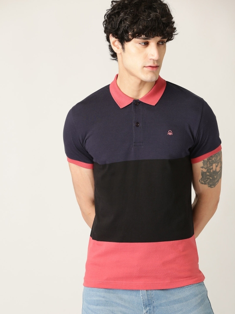 United Colors of Benetton Men Navy Blue & Black Colourblocked Polo Collar T-shirt