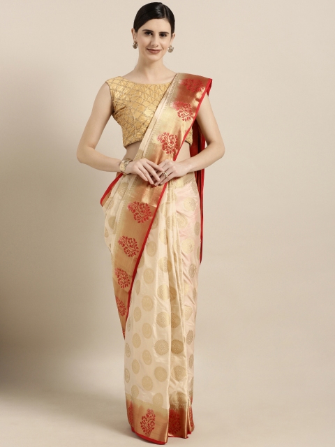 GoSriKi Cream-Coloured Silk Blend Printed Kanjeevaram Saree