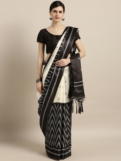 GoSriKi Black & Off-White Silk Cotton Ekkat Printed Saree