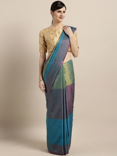 GoSriKi Blue & Green Art Silk Colourblocked Saree