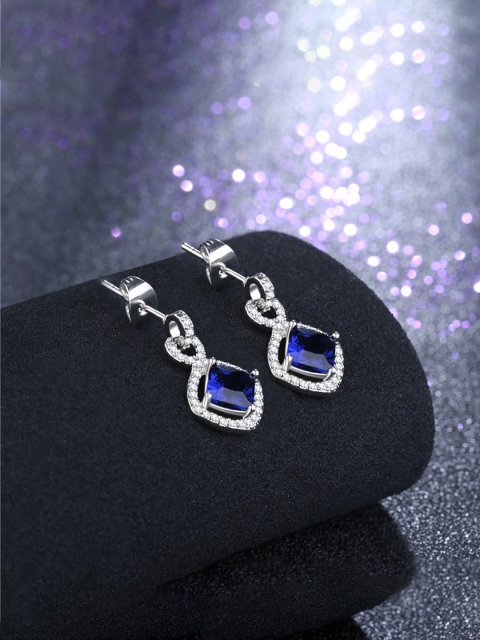 Peora Women Silver-Plated Blue CZ-Stone Studded Contemporary Drop Earrings
