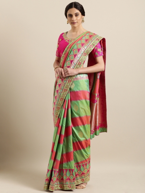 Kvsfab Green & Pink Silk Blend Woven Design Saree