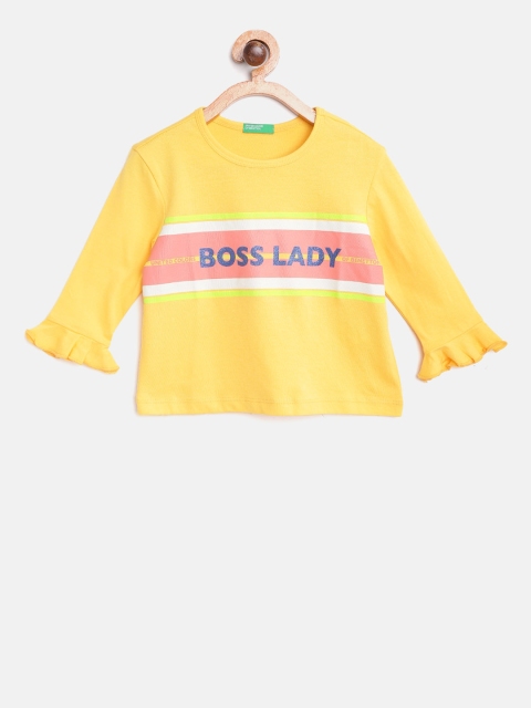 United Colors of Benetton Girls Yellow Printed Round Neck T-shirt