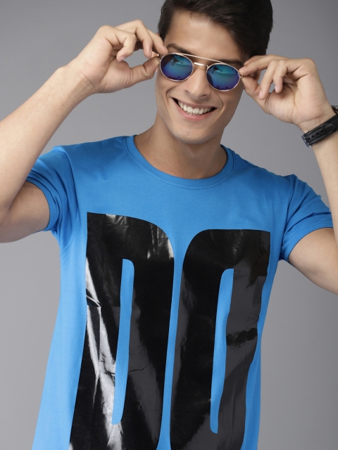 HERE&NOW Men Blue & Black Printed Round Neck T-shirt