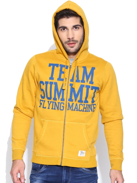 Flying Machine Mustard Yellow Printed Hooded Sweatshirt