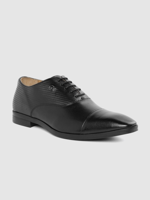 Louis Philippe Men Black Leather Solid Formal Oxfords with Textured Detail