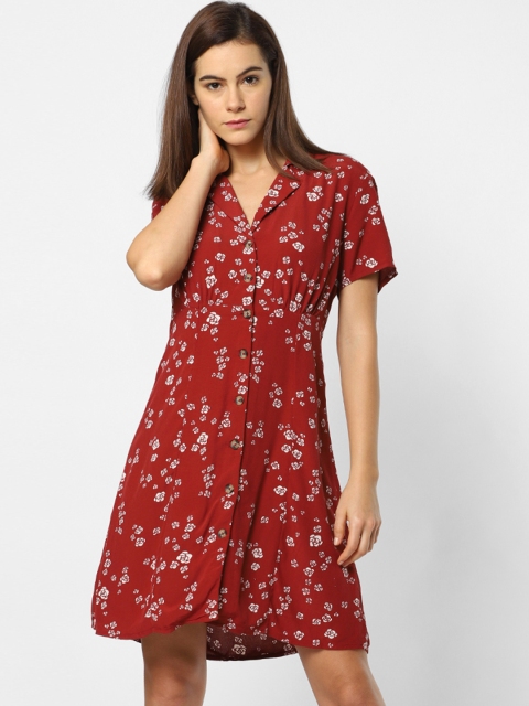 ONLY Women Printed Maroon & Off-White Floral Printed Fit and Flare Dress