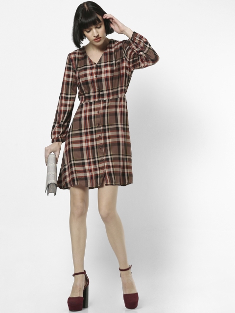 ONLY Women Checked Brown Fit and Flare Dress