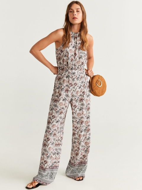 MANGO Women Off-White & Brown Printed Basic Jumpsuit